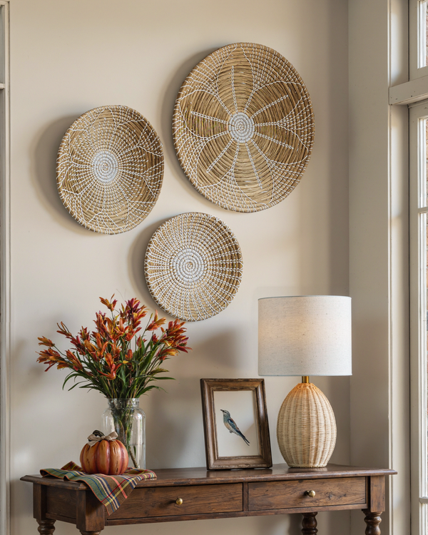 Floral Round Woven Seagrass Wall Baskets Decor Set of 3