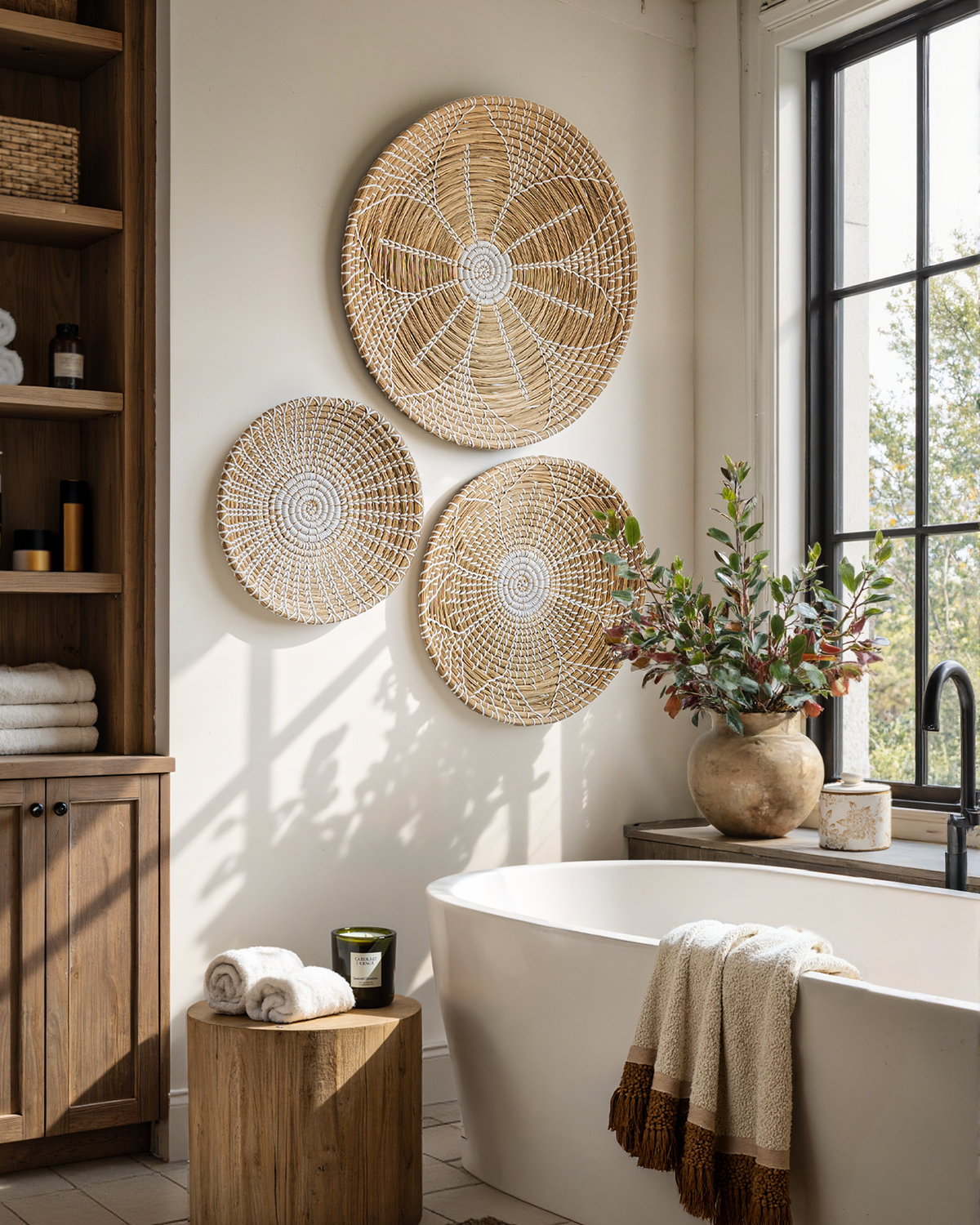 Floral Round Woven Seagrass Wall Baskets Decor Set of 3