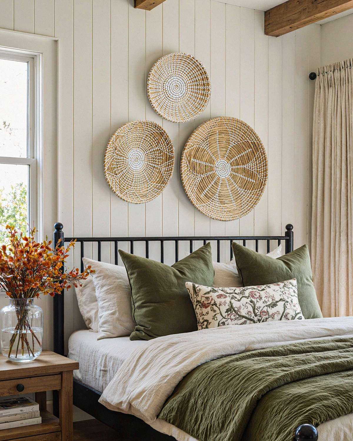 Floral Round Woven Seagrass Wall Baskets Decor Set of 3