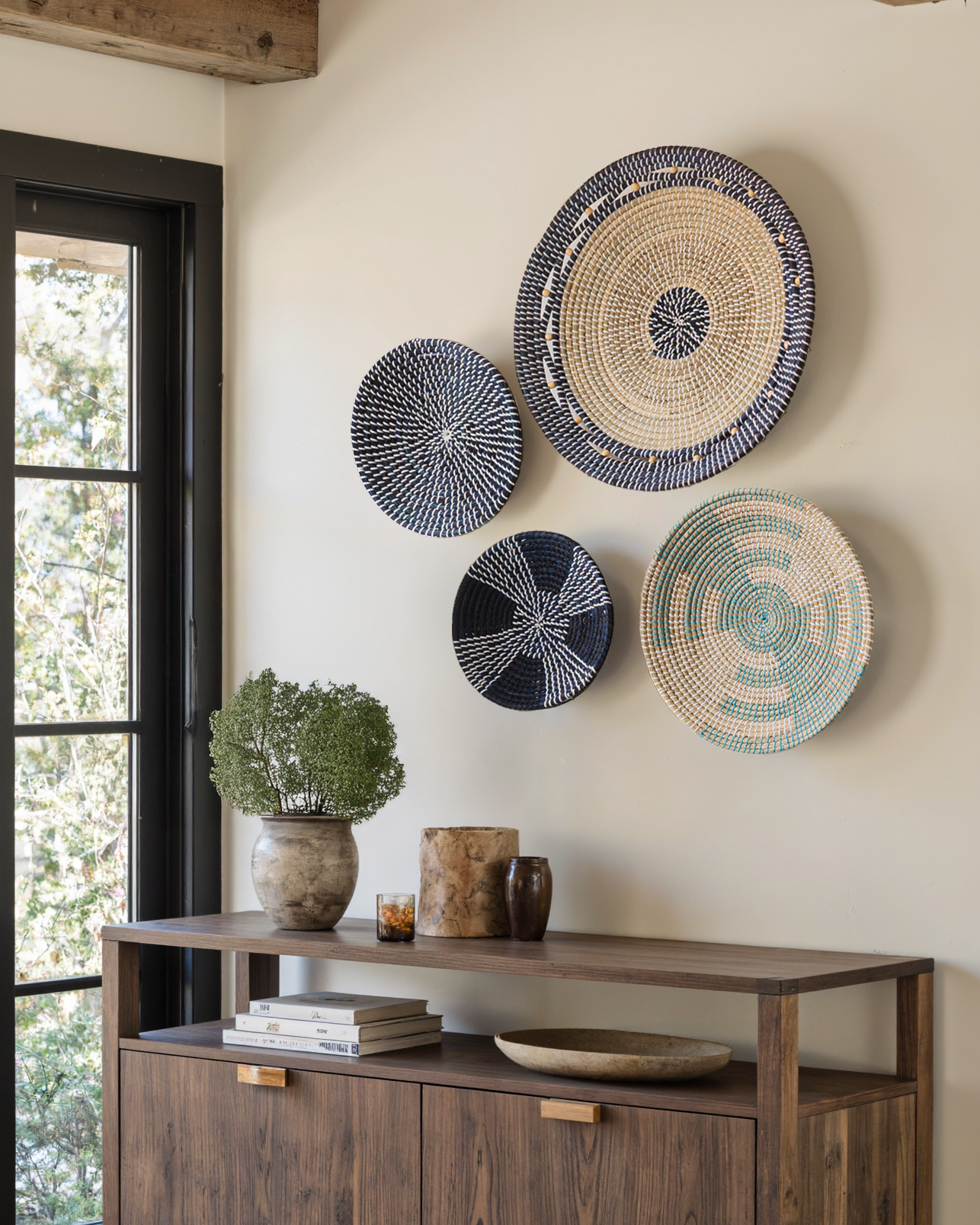 Set of 4 Blue and Natural Seagrass Wall Decor - Concentric, Style