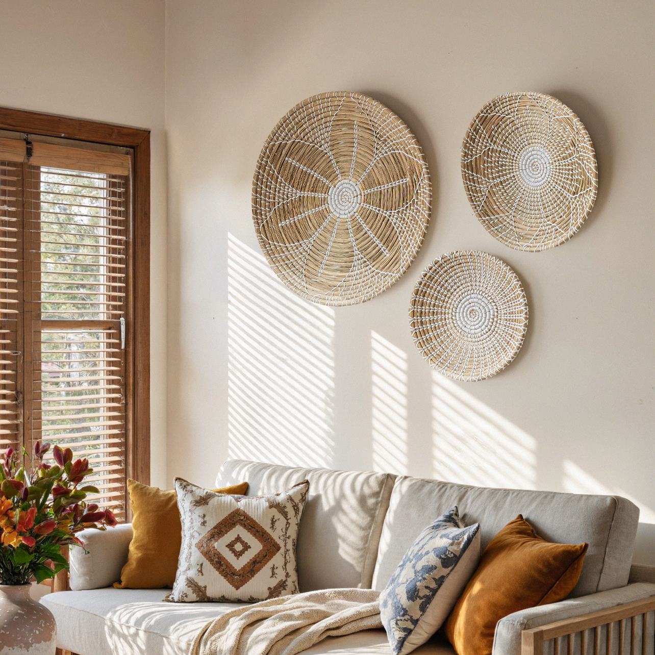 Floral Round Woven Seagrass Wall Baskets Decor Set of 3
