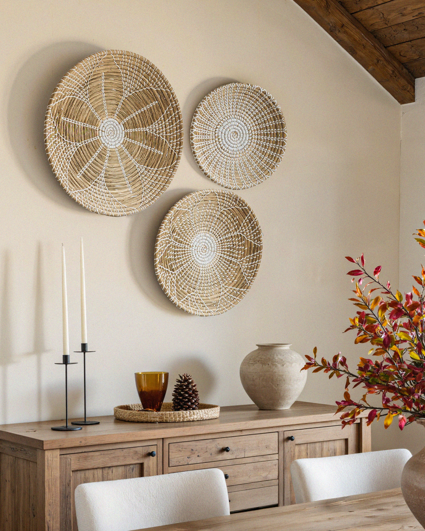 Floral Round Woven Seagrass Wall Baskets Decor Set of 3