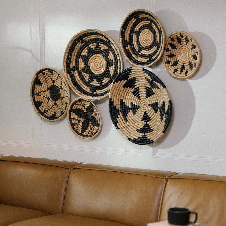 Geometric-seagrass-wicker-wall-art-brings-a-natural-touch-to-the-living-room