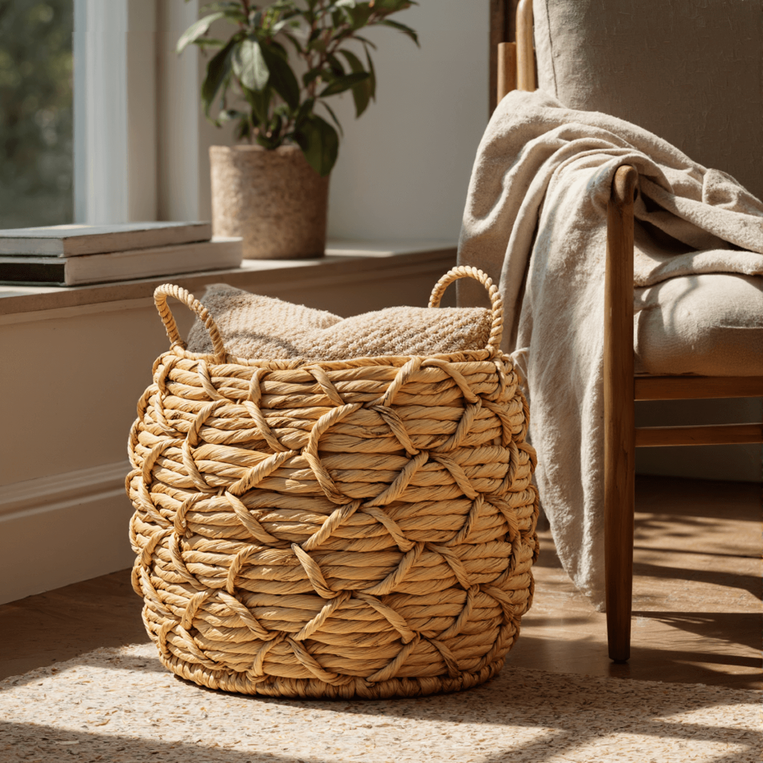 Water Hyacinth Baskets with Braided Detail, Set of 3