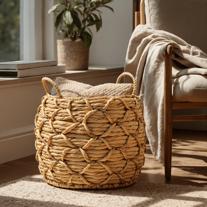 Water Hyacinth Baskets with Braided Detail, Set of 3