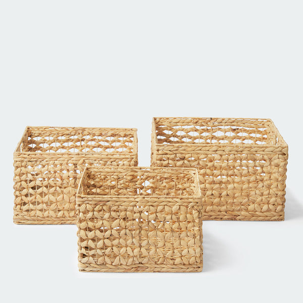 artera home large Natural floral weaving cube storage baskets in a set of 3