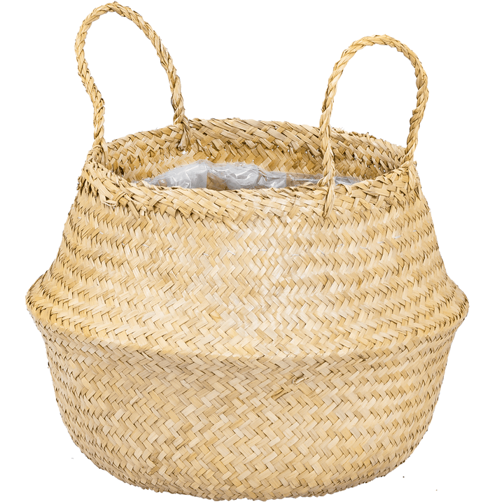 A neutral seagrass wicker plant vase with plastic lining inside