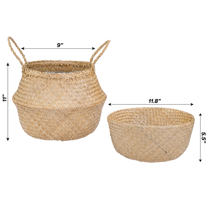 Detailed information of a neutral seagrass wicker plant vase with plastic lining inside