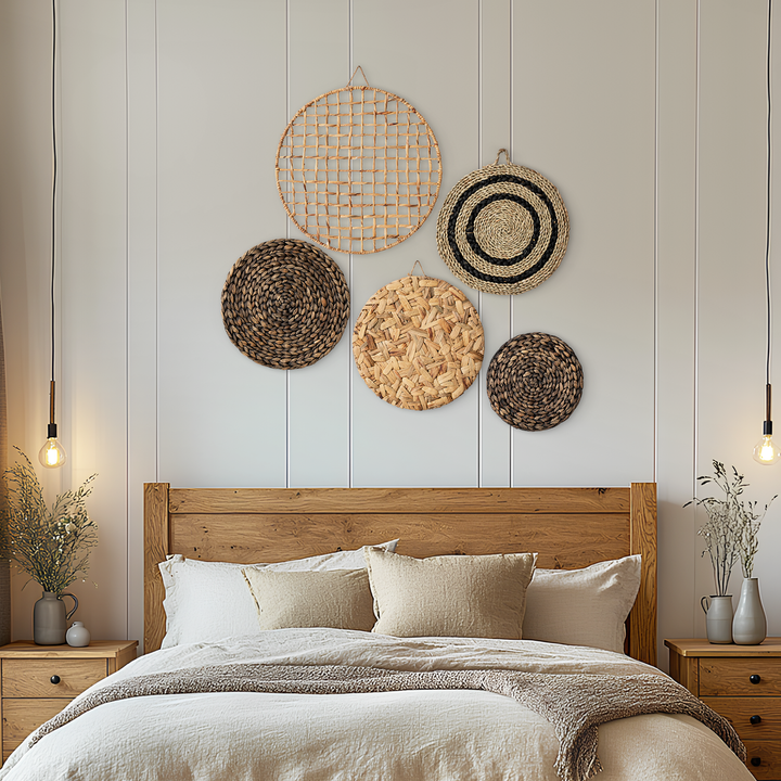 A collection of five round wall hangings, each with a unique woven pattern, mixed seagrass and water hyacinth