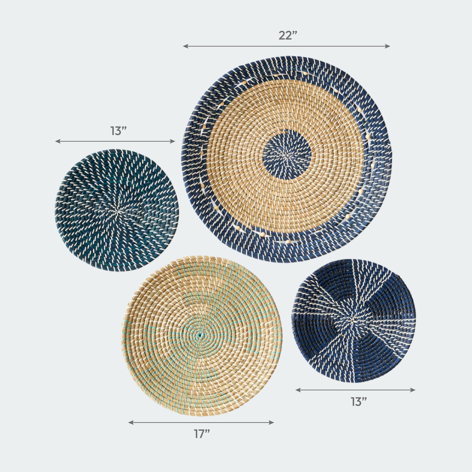 Set of 4 Blue and Natural Seagrass Wall Decor - Concentric, Style