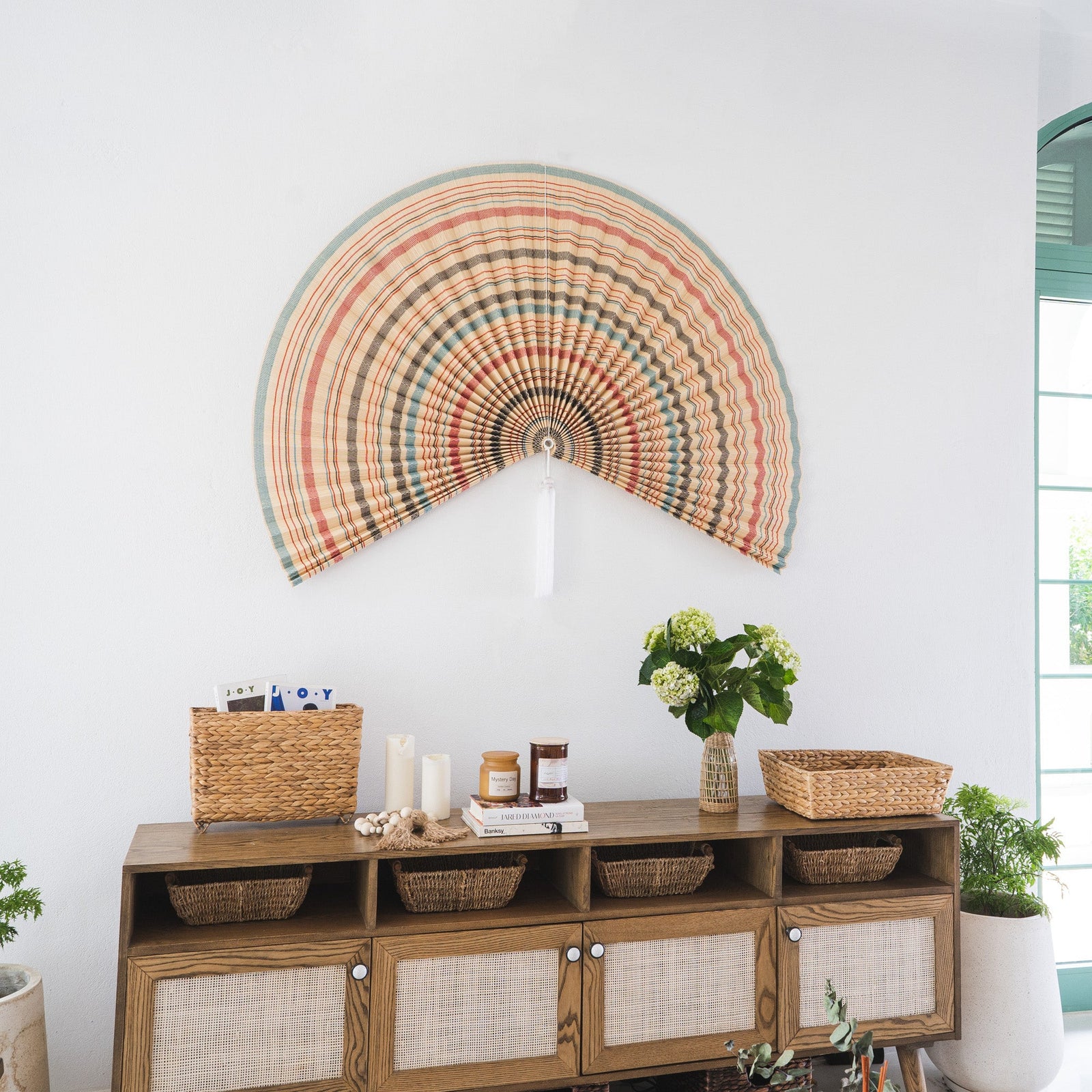 Vintage Stripe Bamboo Folding Fan Wall Decor