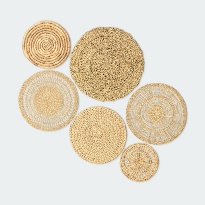 Set of 6 wall baskets with diverse patterns in natural tones, perfect for adding texture to your decor.