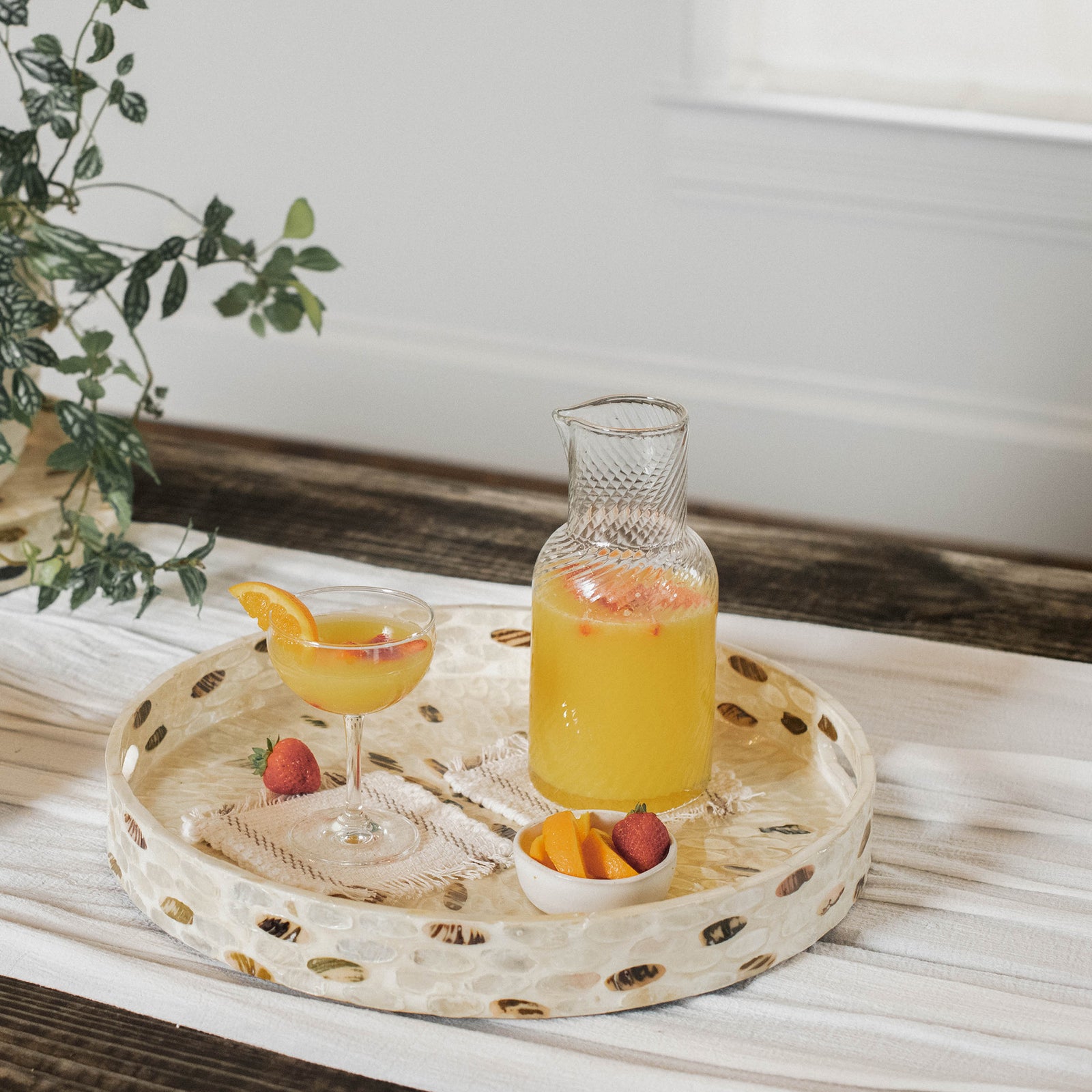 Floral Mother of Pearl Wicker Tray Set of 3