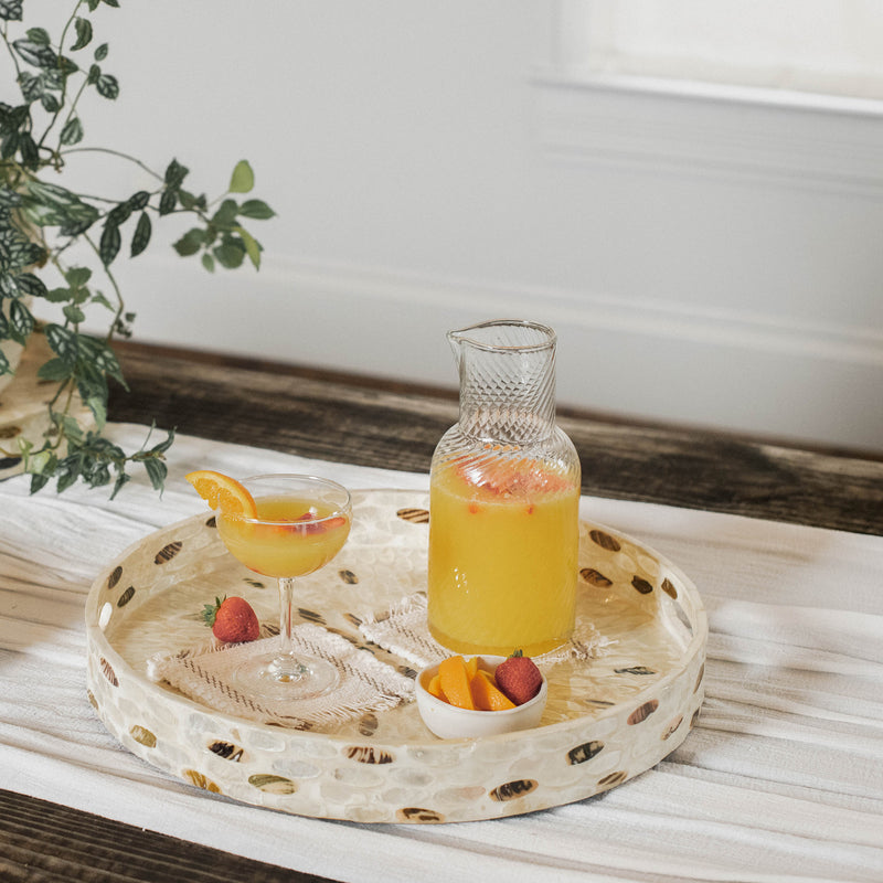 Floral Mother of Pearl Wicker Tray Set of 3