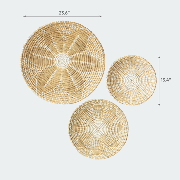Artera Home round seagrass wall basket decor set of 3 with a white floral pattern