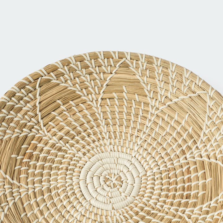 Artera Home round seagrass wall basket decor set of 3 with a white floral pattern