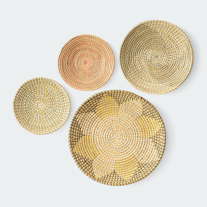 Round seagrass wall basket decor set of 4 with floral and spiral patterns