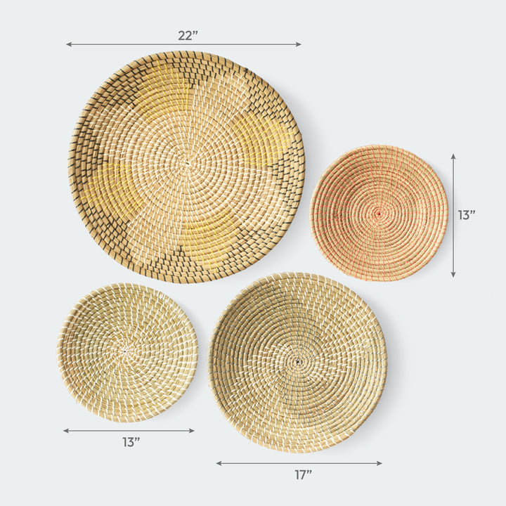 A close-up of the weaving detail on one seagrass wicker wall art showing a combination of natural fibers and gray accents