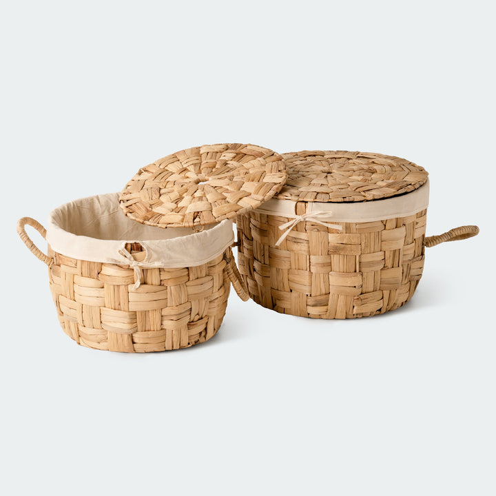 Lidded Water Hyacinth Wicker Basket Set of 2 - Artera Home