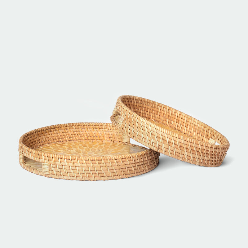 Mother of Pearl Inlay Rattan Wicker Tray Set of 2