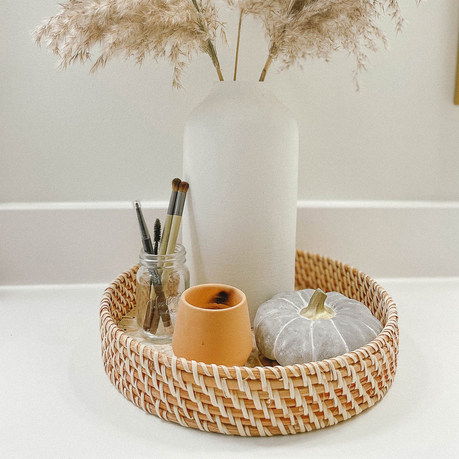 Mother of Pearl Inlay Rattan Wicker Tray Set of 2