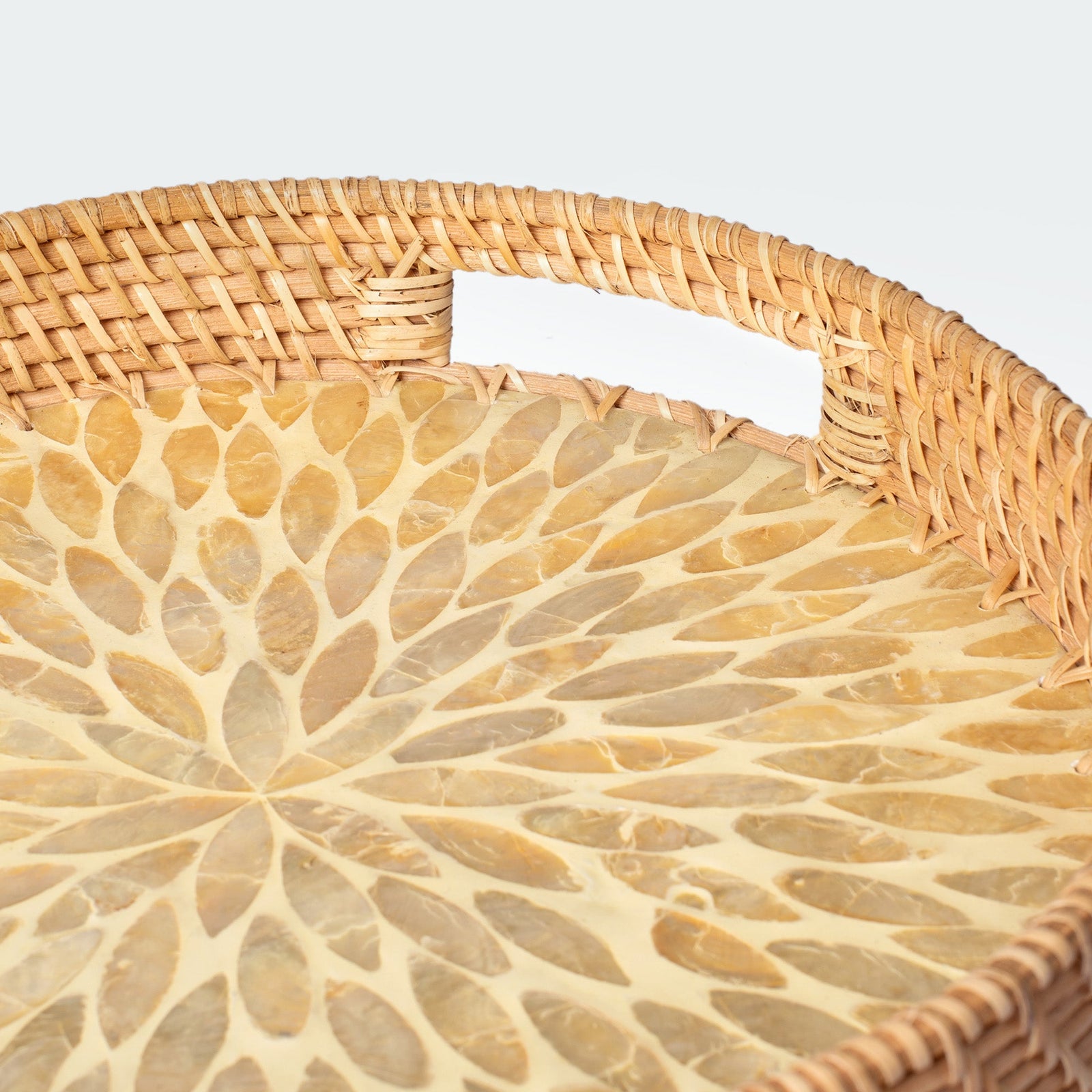Mother of Pearl Inlay Rattan Wicker Tray Set of 2