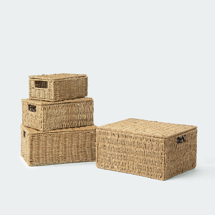 Rectangular Seagrass Lidded Wicker Basket Set of 4 from Artera Home