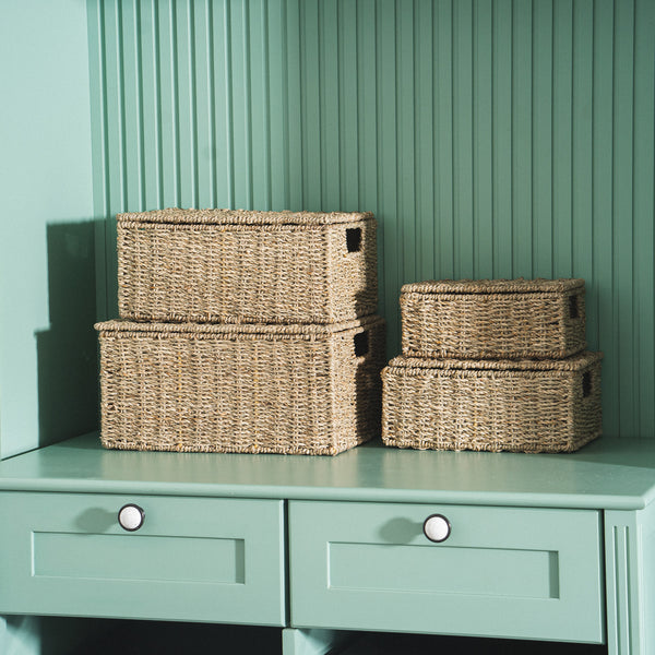 Rectangular Seagrass Lidded Wicker Basket Set of 4 from Artera Home