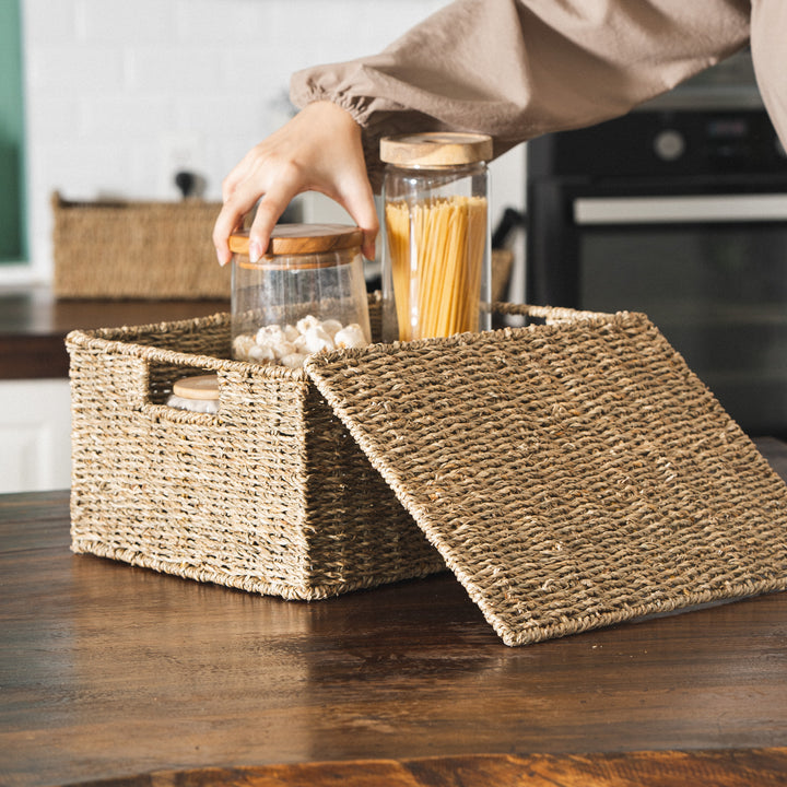 Rectangular Seagrass Lidded Wicker Basket Set of 4 from Artera Home