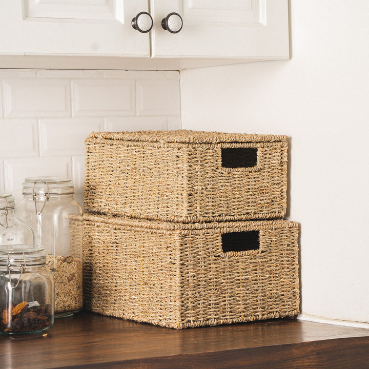 Rectangular Seagrass Lidded Wicker Basket Set of 4 from Artera Home