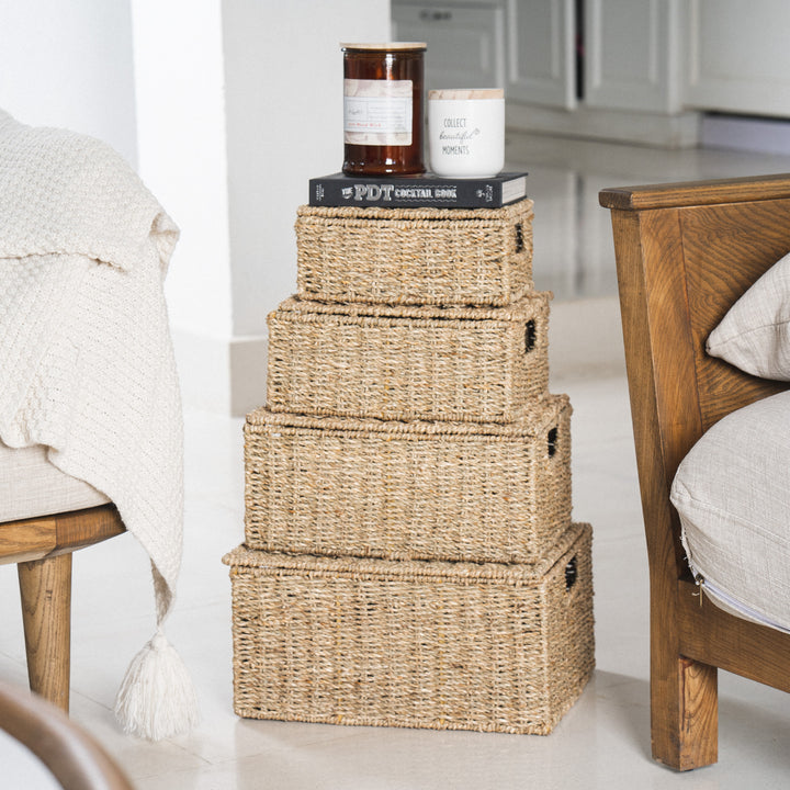 Rectangular Seagrass Lidded Wicker Basket Set of 4 from Artera Home