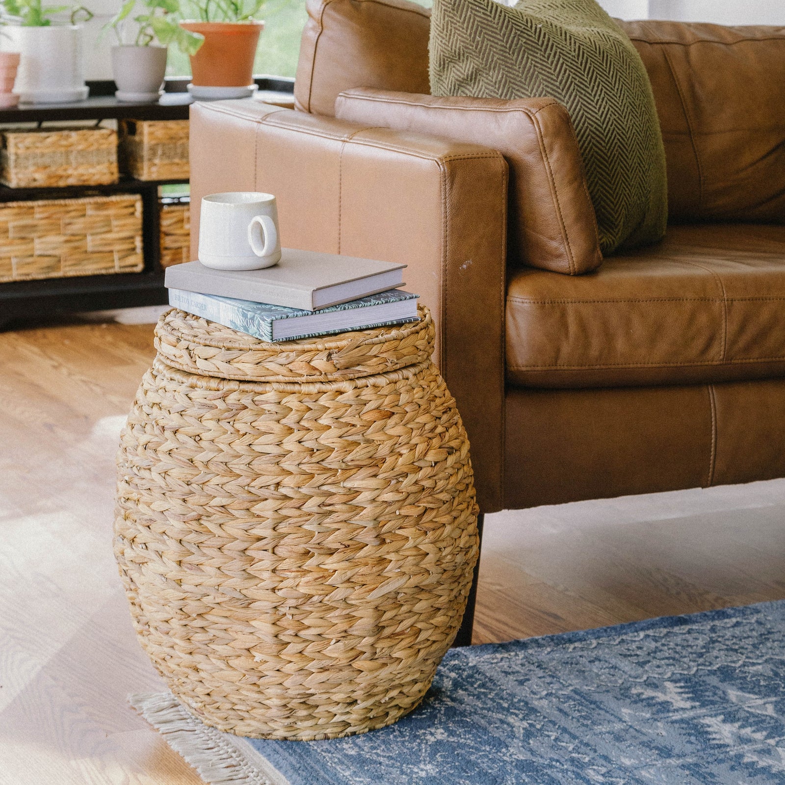 Large Woven Storage Basket with Lid, Stylish Ottoman