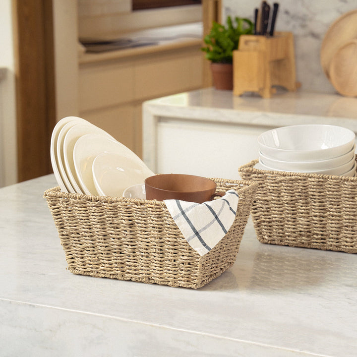 One brown seagrass wicker basket with built-in handles
