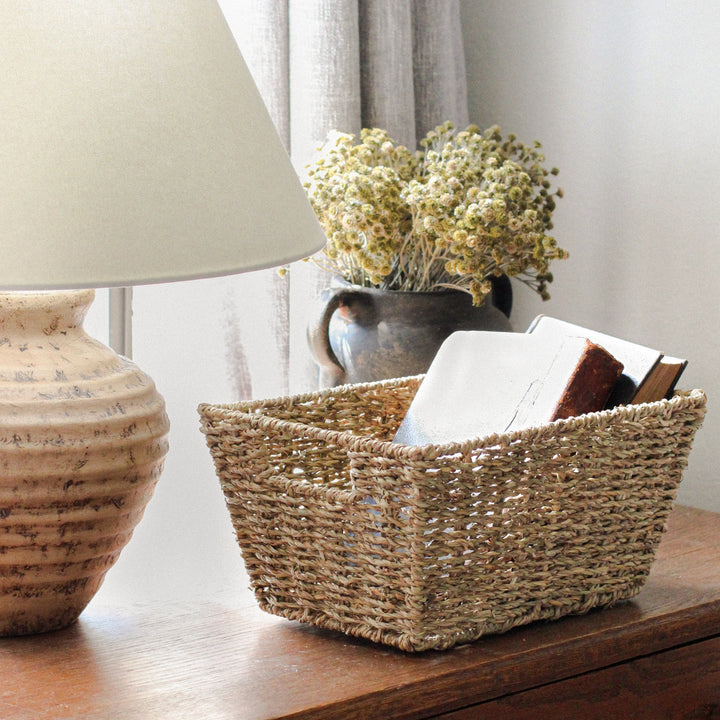 One brown seagrass wicker basket with built-in handles