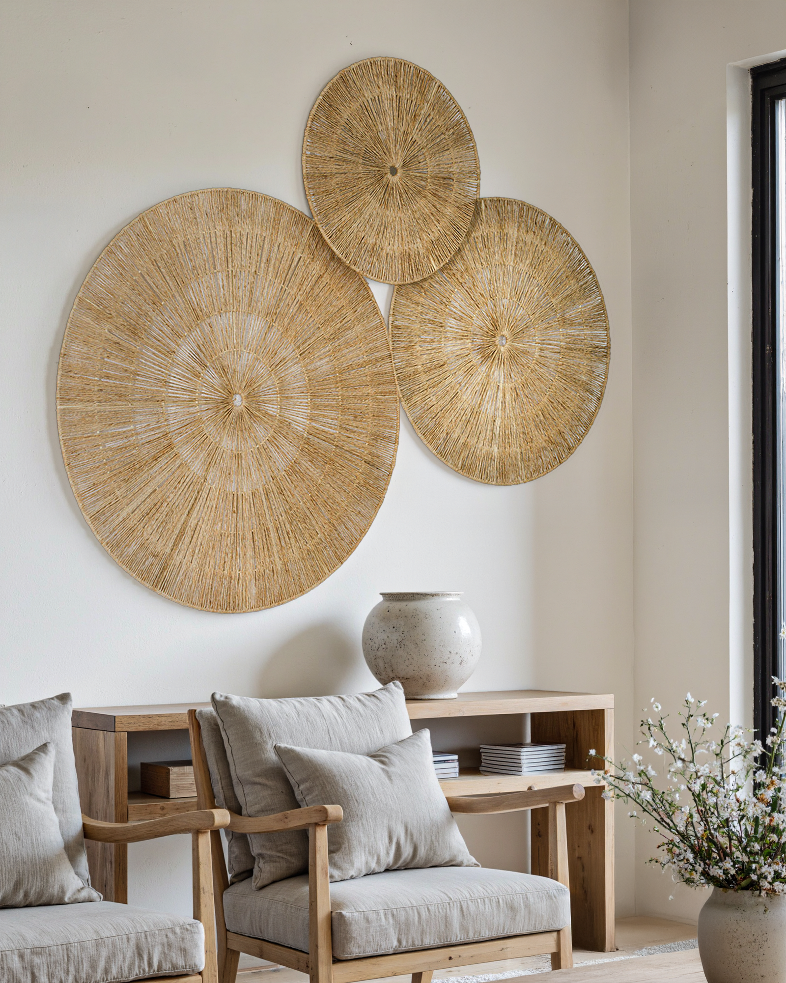 Oversized Woven Wall Art Set of 3 - Natural Jute Circles (31" Largest)