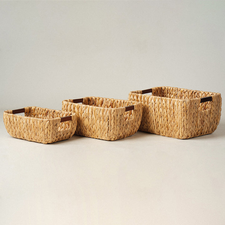 Rectangle arrow water hyacinth wicker storage basket set of 3 placed in a straight line