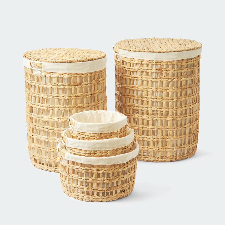 Round braided wicker storage basket set of 5 in various sizes, ideal for organizing laundry, toys, and home essentials from Artera Home