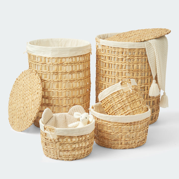 Round braided wicker storage basket set of 5 in various sizes, ideal for organizing laundry, toys, and home essentials from Artera Home