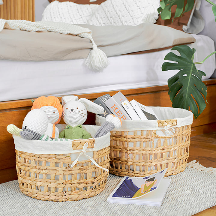 Round braided wicker storage basket set of 5 in various sizes, ideal for organizing laundry, toys, and home essentials from Artera Home