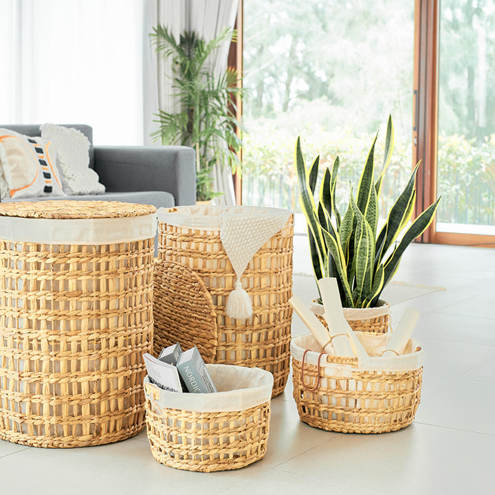 Round braided wicker storage basket set of 5 in various sizes, ideal for organizing laundry, toys, and home essentials from Artera Home